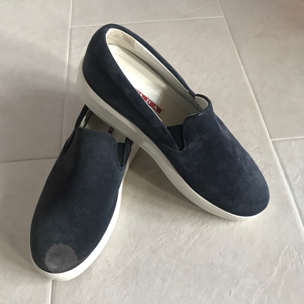 Prada navy slip on loafers